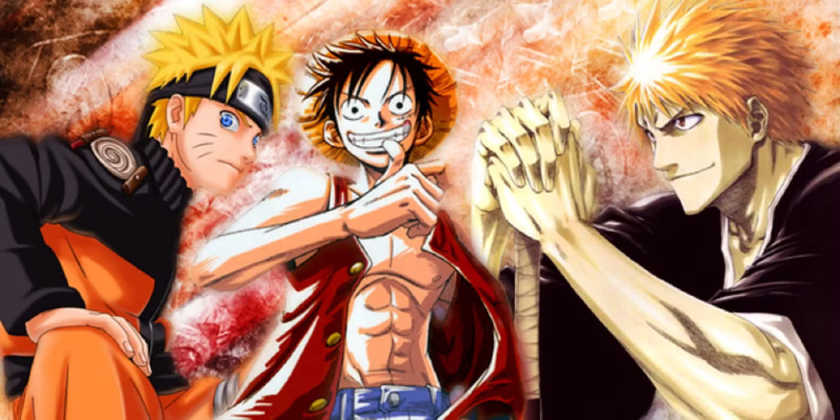 Die Big Three des Anime: Naruto, Ruffy und Ichigo in dynamischer Pose