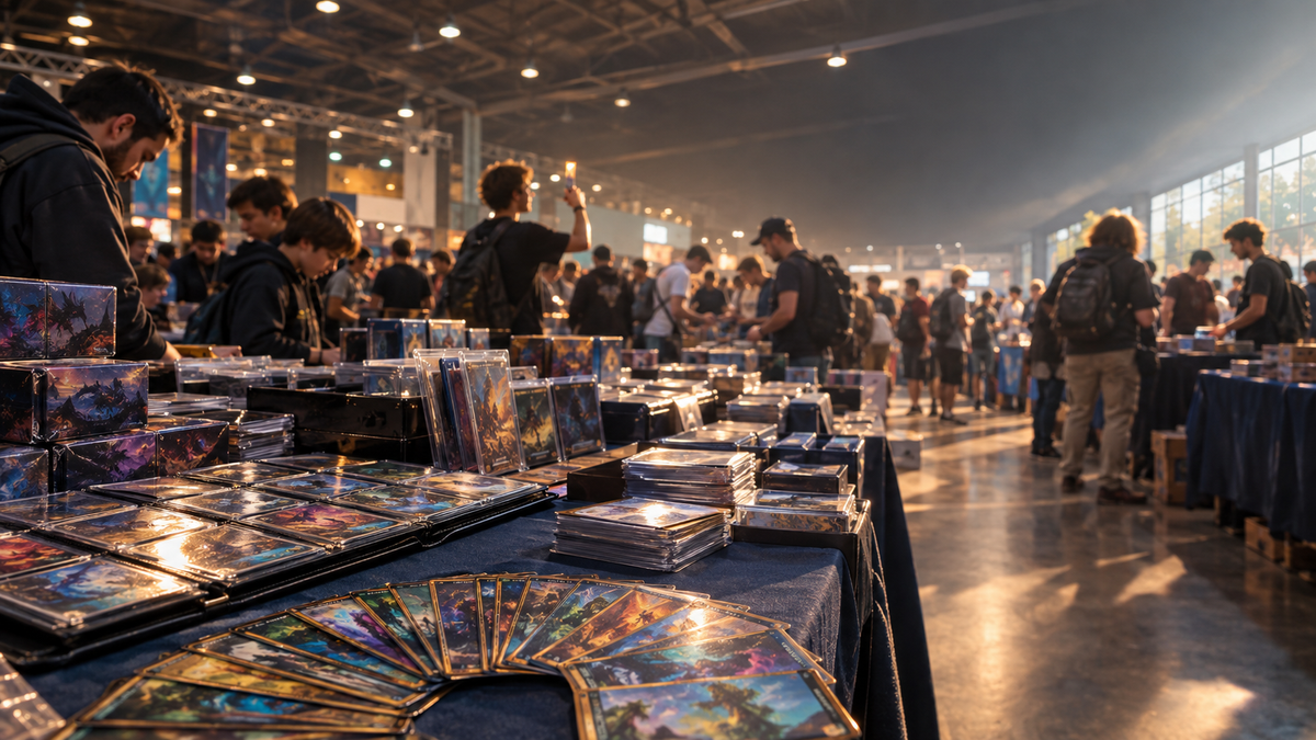 Besucher einer TCG-Messe stöbern an Tischen voller Trading Cards