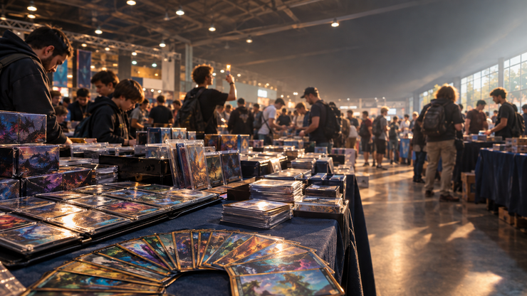 Besucher einer TCG-Messe stöbern an Tischen voller Trading Cards