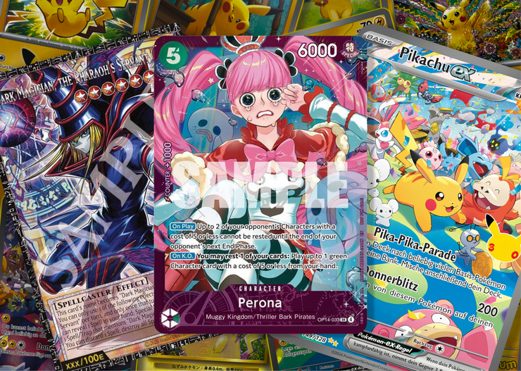 Drei seltene TCG-Promo-Karten: Yu-Gi-Oh! Dunkler Magier, One Piece Perona und Pokémon Pikachu ex