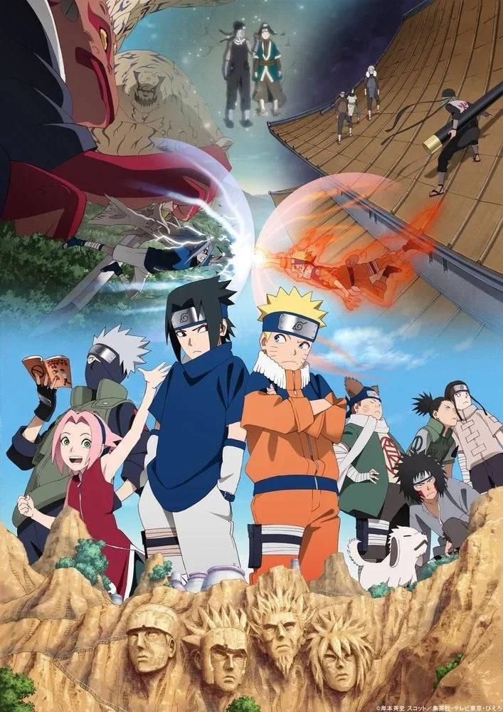 Naruto Anime-Poster mit Naruto, Sasuke, Sakura und Kakashi vor dem Hokage-Berg