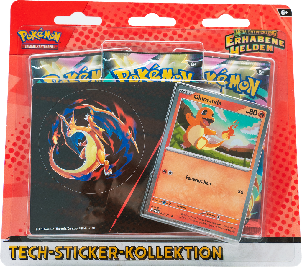 Pokémon Tech-Sticker-Kollektion „Mega-Entwicklung – Erhabene Helden: Glumanda“ (DE)